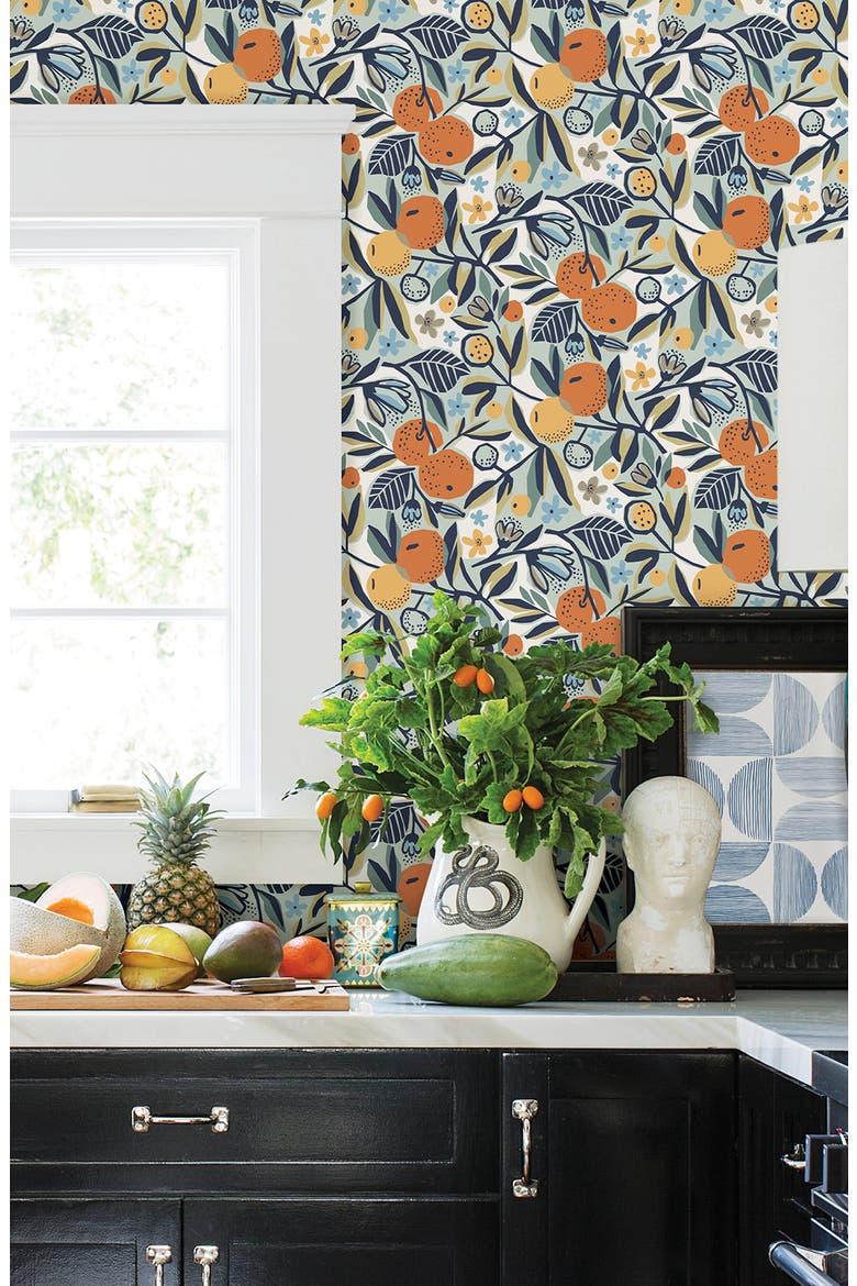 Navy Clementine Garden Peel and Stick Wallpaper, Alternate, color, ORANGE