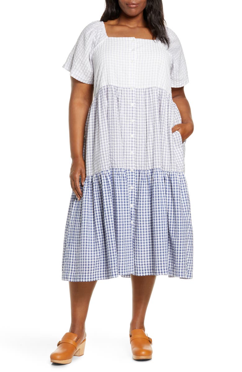 Madewell Patchwork Gingham Button Front Tiered Midi Dress, Main, color, 
