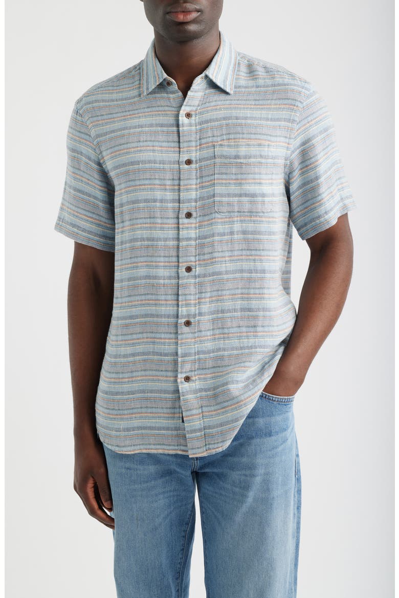 Palma Linen Short Sleeve Button-Up Shirt, Main, color, BLUE GULF STRIPE