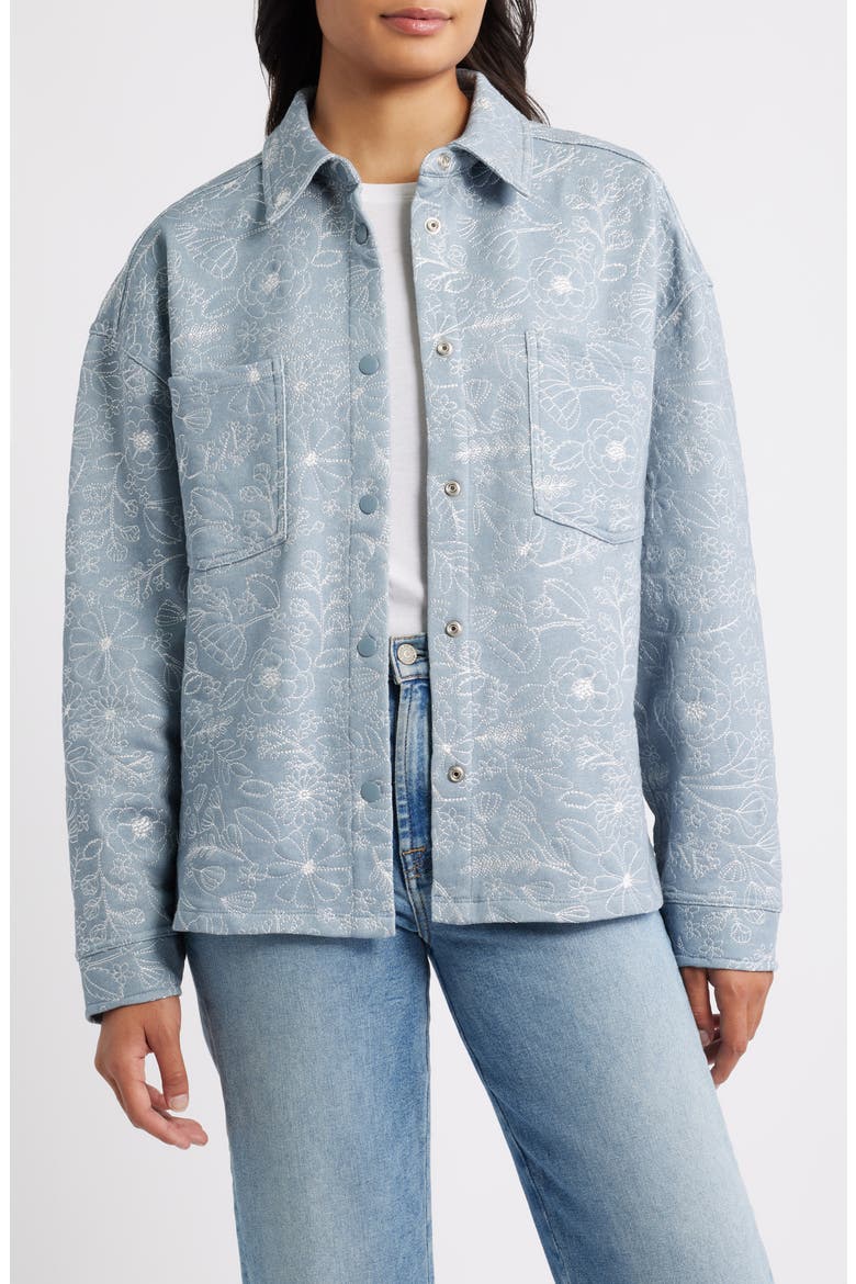 Embroidered Cotton Blend Shacket, Main, color, DENIM/ IVORY
