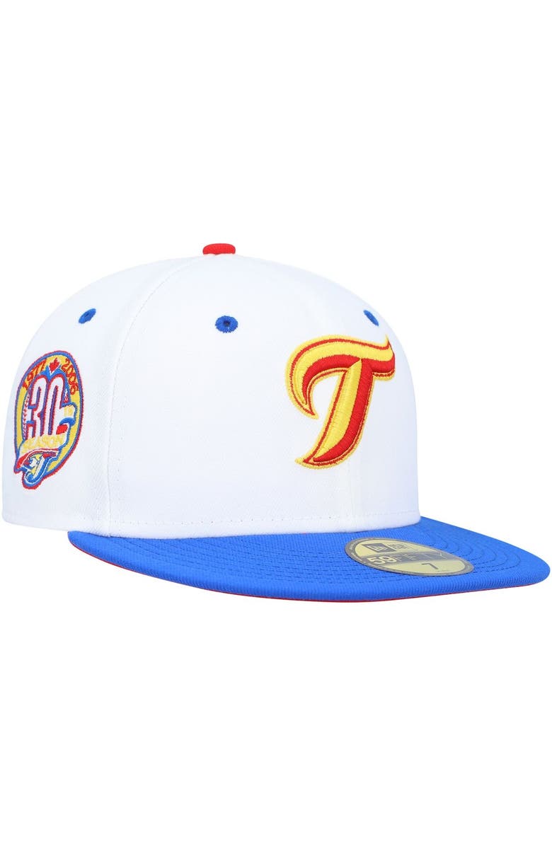 New Era Men's New Era White/Royal Toronto Blue Jays 30th Anniversary Cherry Lolli 59FIFTY Fitted Hat, Main, color, White