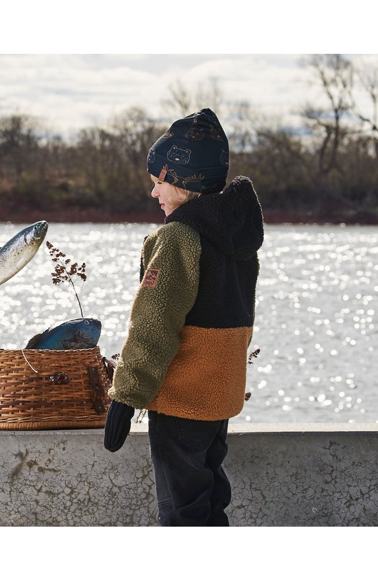 Deux par Deux Boy's Printed Beanie Hat Beige Animals On Black Background, Alternate, color, 