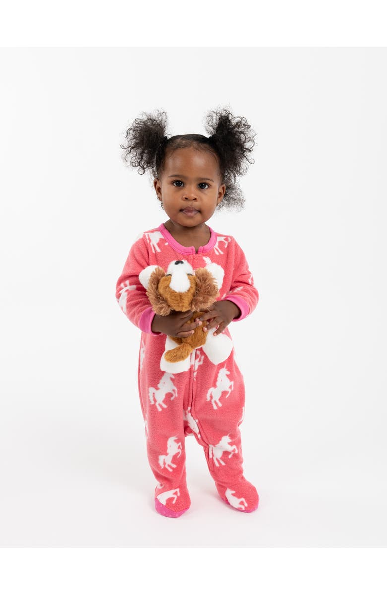 Leveret Fleece Footed Pajamas Holiday Print, Alternate, color, Unicorn Pink