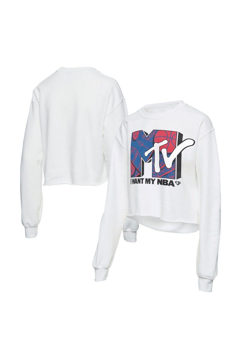 Women's Junk Food White NBA x MTV I Want My Cropped Fleece Pullover Sweatshirt, Main, color, White