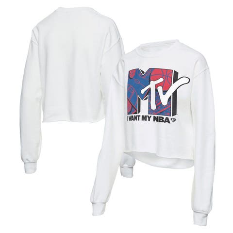 Women's Junk Food White NBA x MTV I Want My Cropped Fleece Pullover Sweatshirt