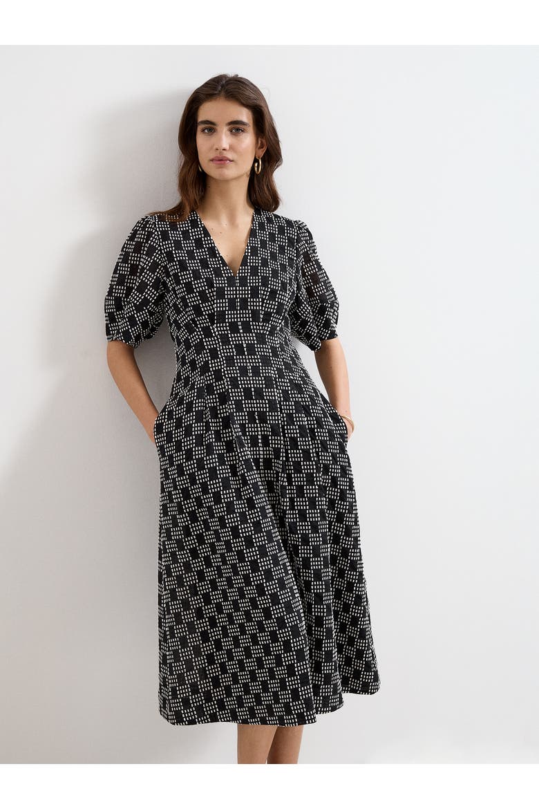 Yasmine V-Neck Printed A-Line Dress, Alternate, color, Black/Ivory