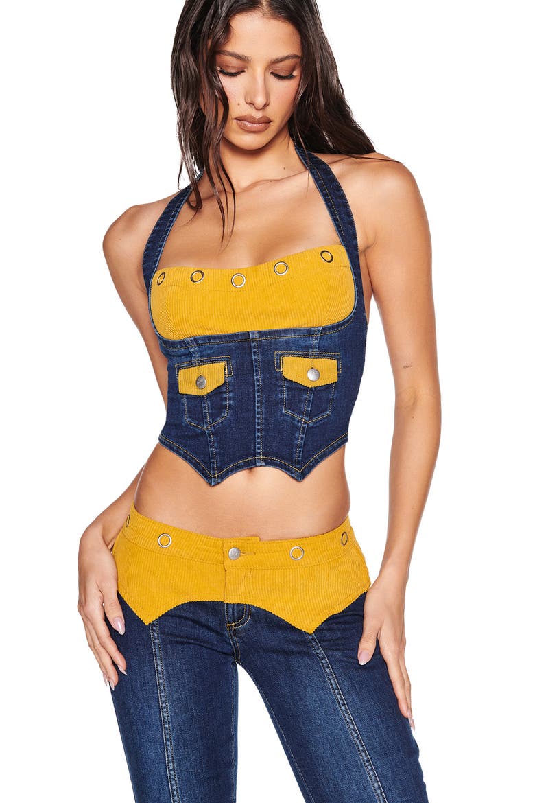 Tommie Mixed Media Halter Corset Top, Alternate, color, DARK WASH