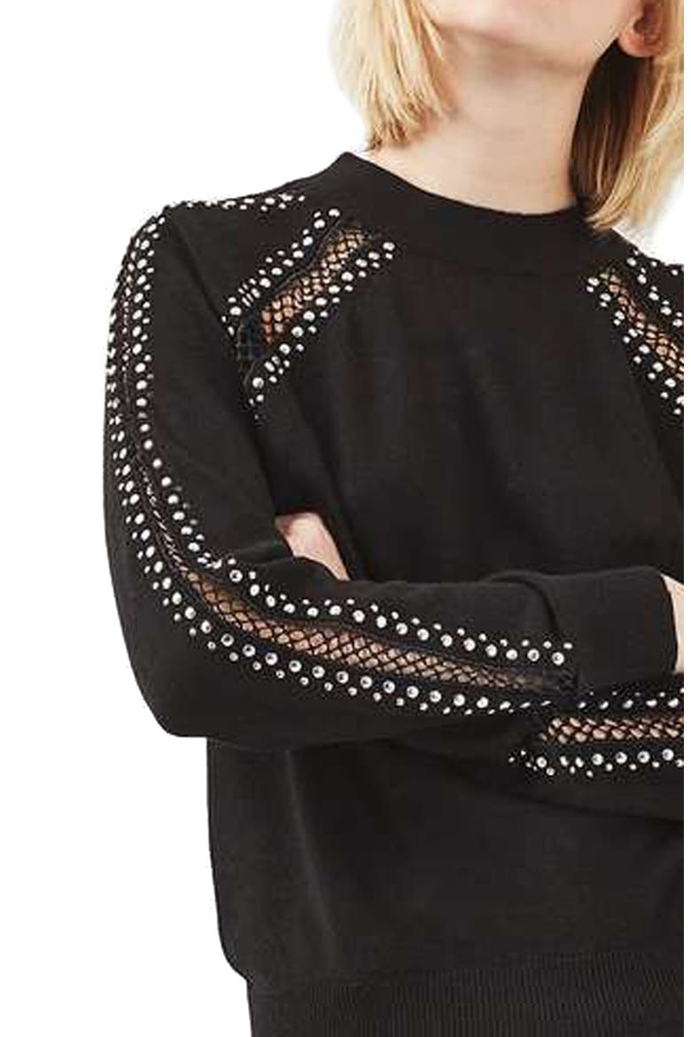 Stud Lattice Sweater, Alternate, color, BLACK