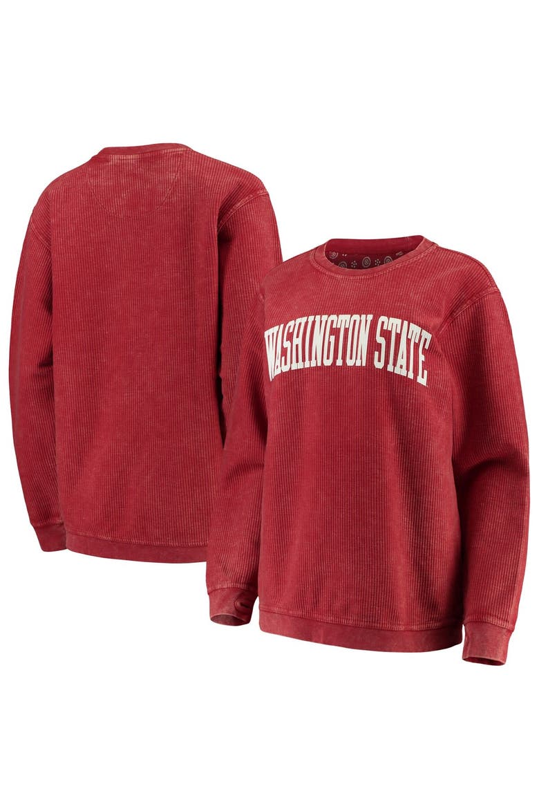 Women's Pressbox Crimson Washington State Cougars Comfy Cord Vintage Wash Basic Arch Pullover Sweatshirt, Main, color, Crimson