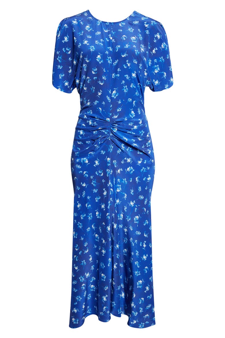 Bela Floral Ruched Silk Midi Dress, Alternate, color, CYANOTYPE FLOWER INDIGO