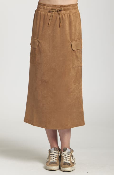 Faux Suede Cargo Midi Skirt