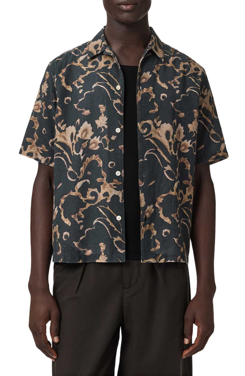 AllSaints Fortune Linen & Cotton Short Sleeve Button-Up Shirt, Main, color, Bank Brown