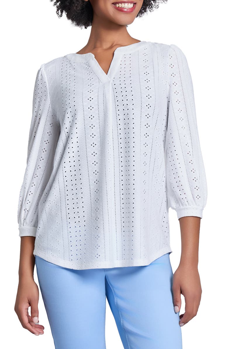 Jones New York Quarter Sleeve Eyelet Top, Main, color, 