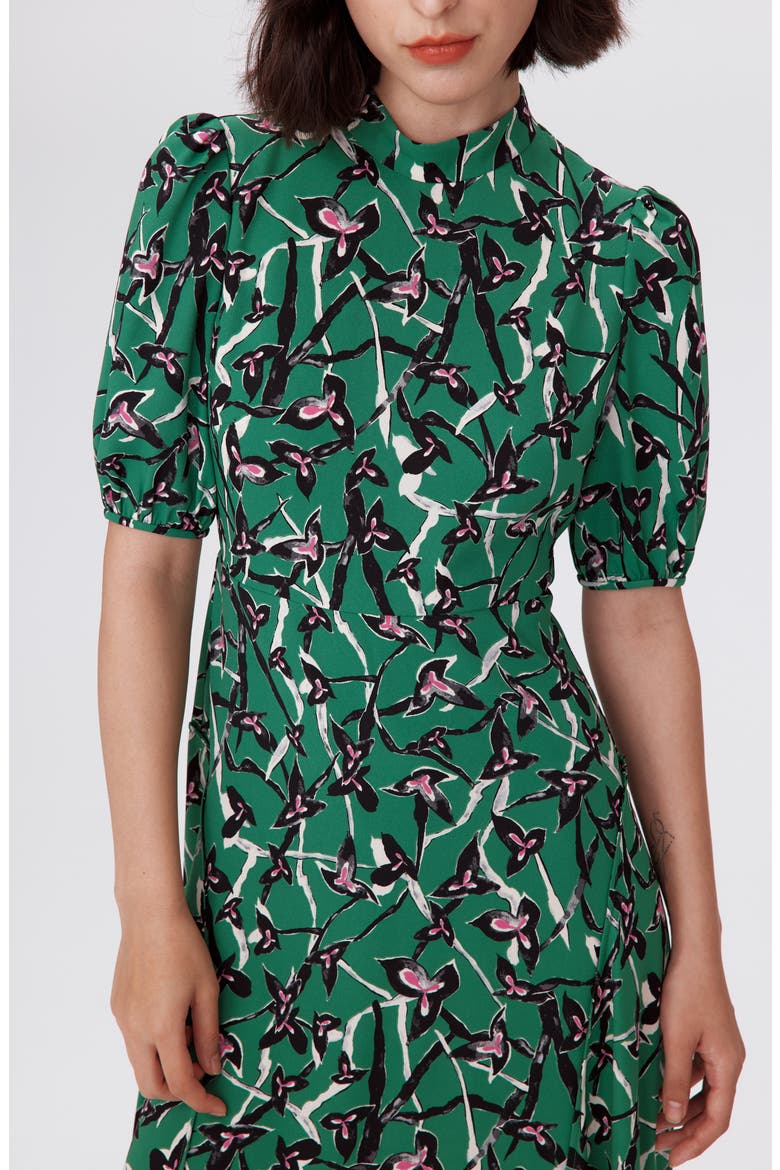 Nella Printed Mock Neck Midi Dress, Alternate, color, CLOVER TWIGS GREEN