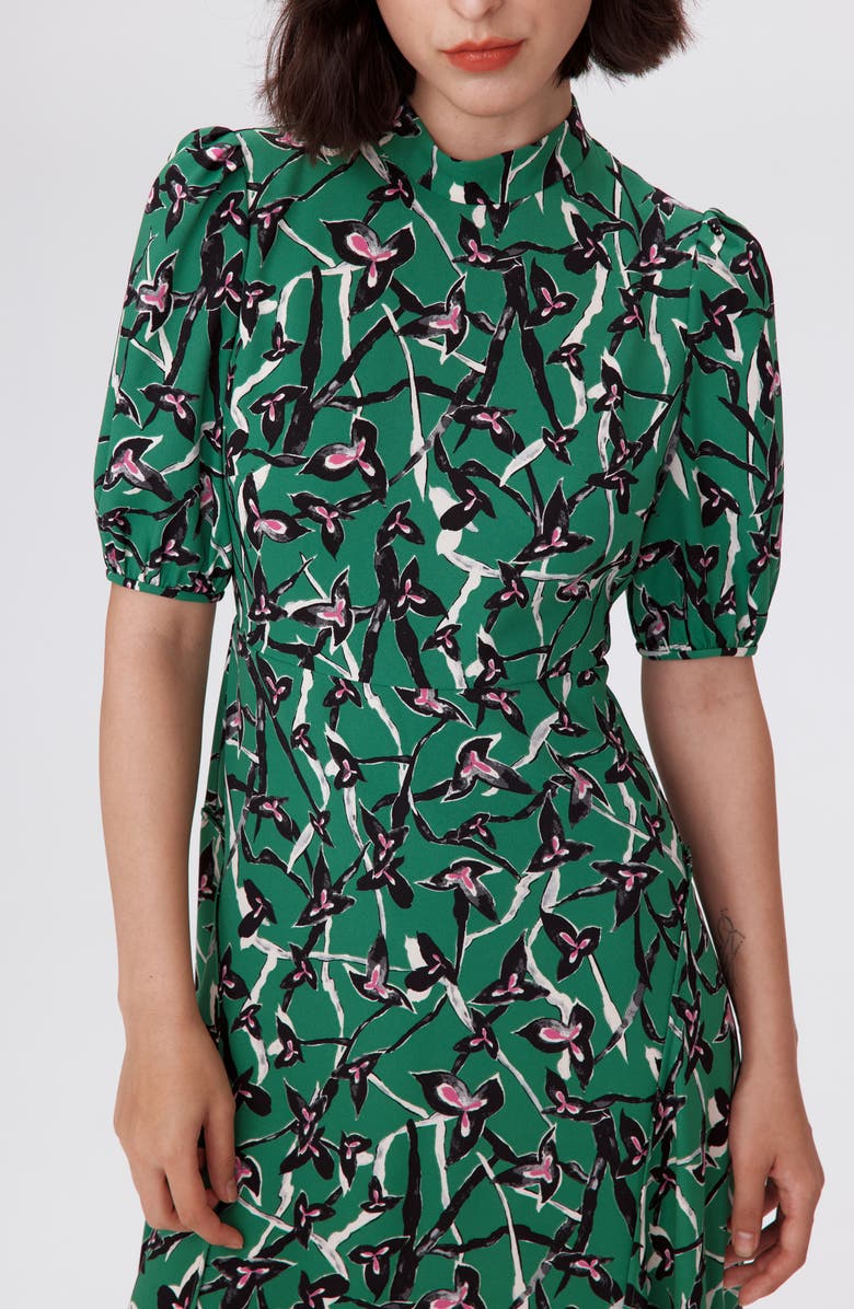 DVF Nella Printed Mock Neck Midi Dress, Alternate, color, Clover Twigs Green