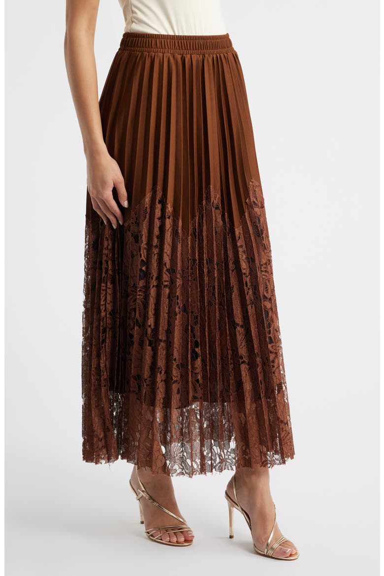 Sigrid Mixed Media Pleated Skirt, Alternate, color, BROWN