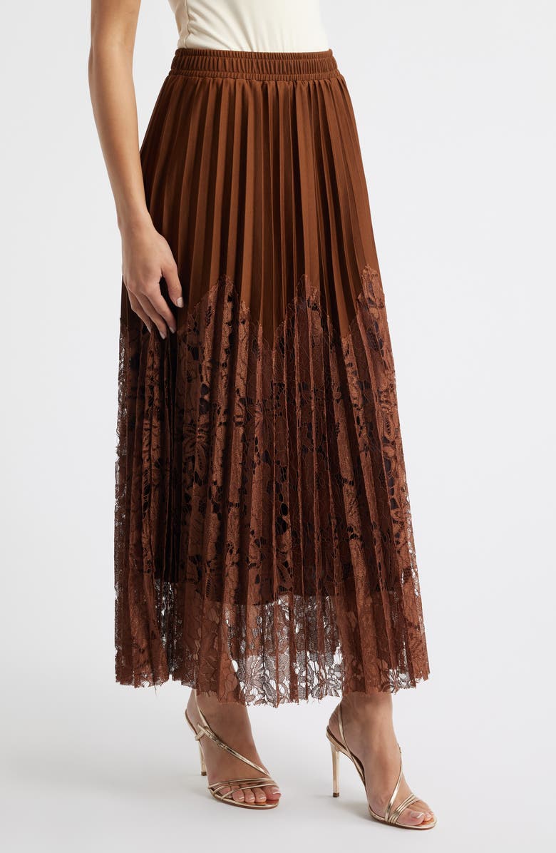 NIKKI LUND Sigrid Mixed Media Pleated Skirt, Alternate, color, Brown