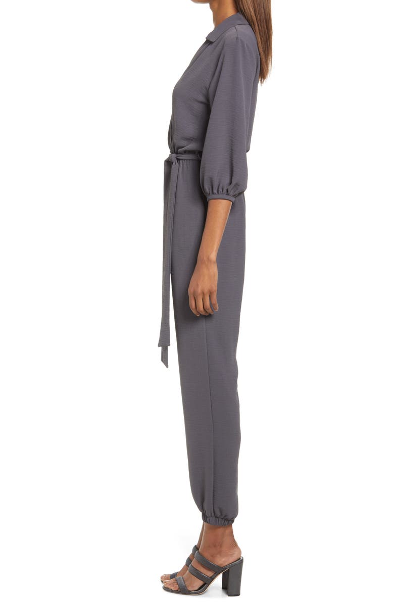 Fraiche by J Tie Waist Long Sleeve Jumpsuit, Alternate, color, Charcoal