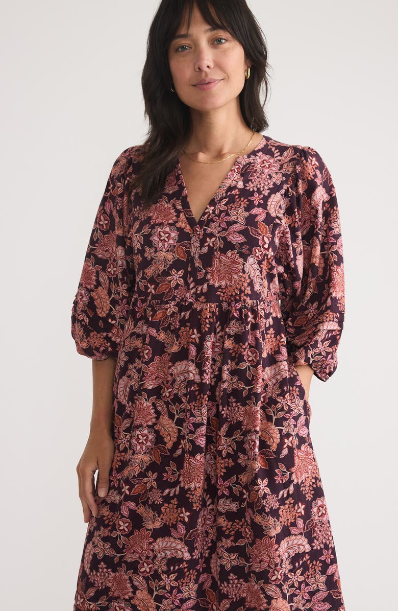 Marine Layer Lola Floral Puff Sleeve Midi Dress, Alternate, color, Warm Floral
