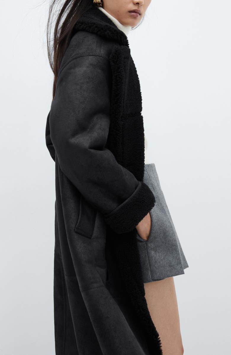 MANGO Double Breasted Faux Shearling Coat, Alternate, color, 
