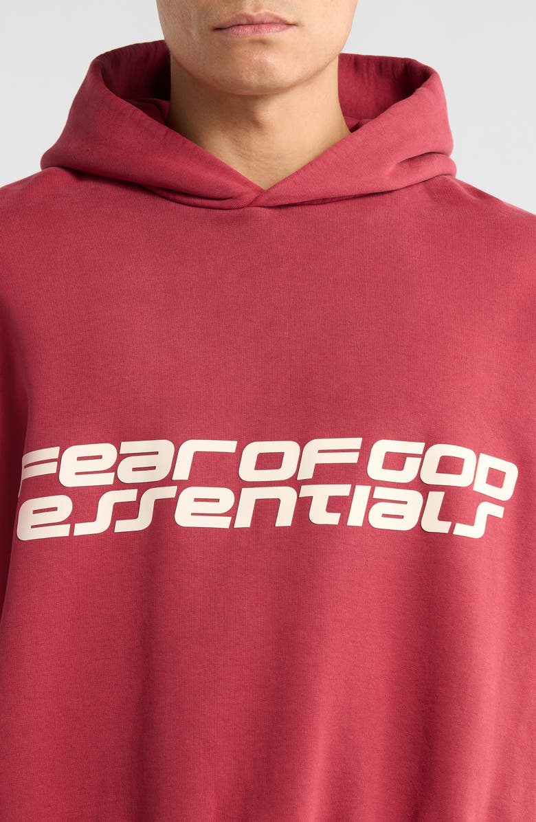 Fear of God Essentials Logo Graphic Print Relaxed Crop Hoodie, Alternate, color, Crimson