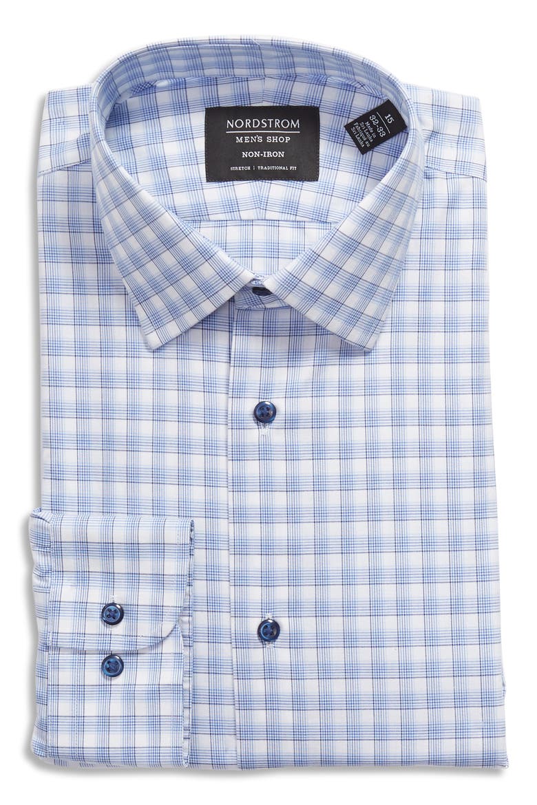 Traditional Fit Plaid Stretch Non-Iron Dress Shirt, Main, color, BLUE VICTORIA