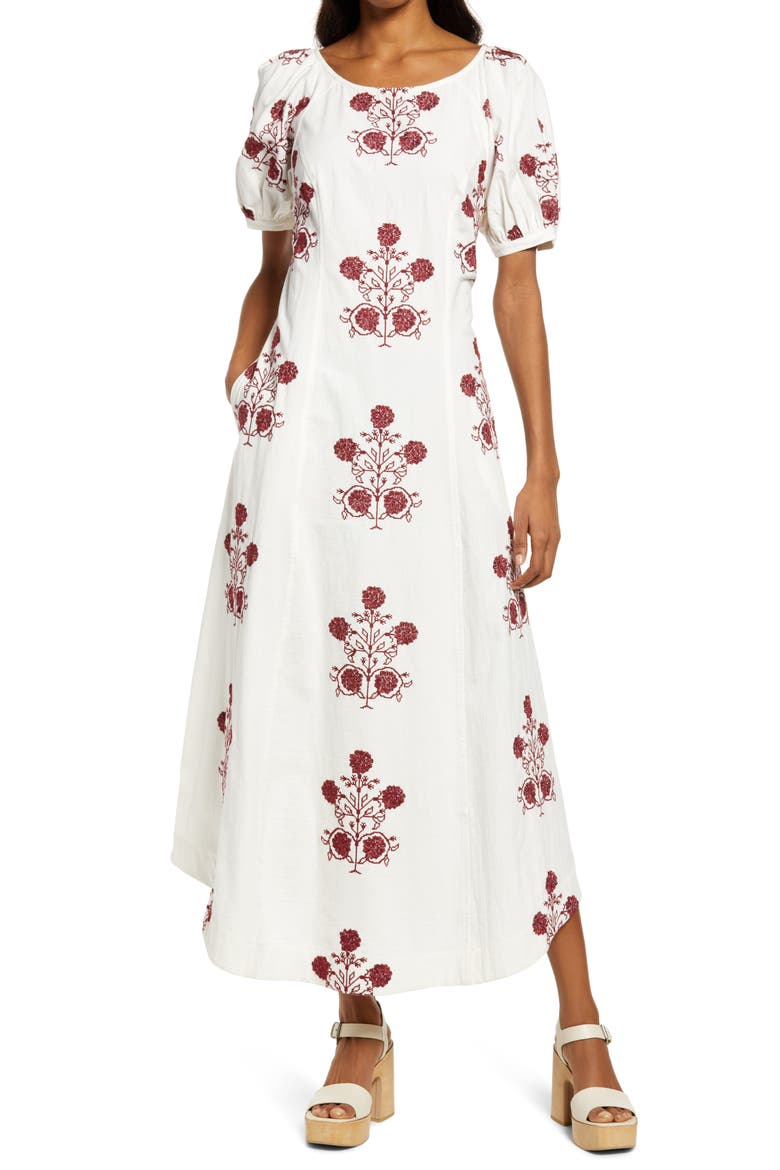 Cactus Flower Embroidered Cotton Dress, Main, color, LAZY BONES COMBO