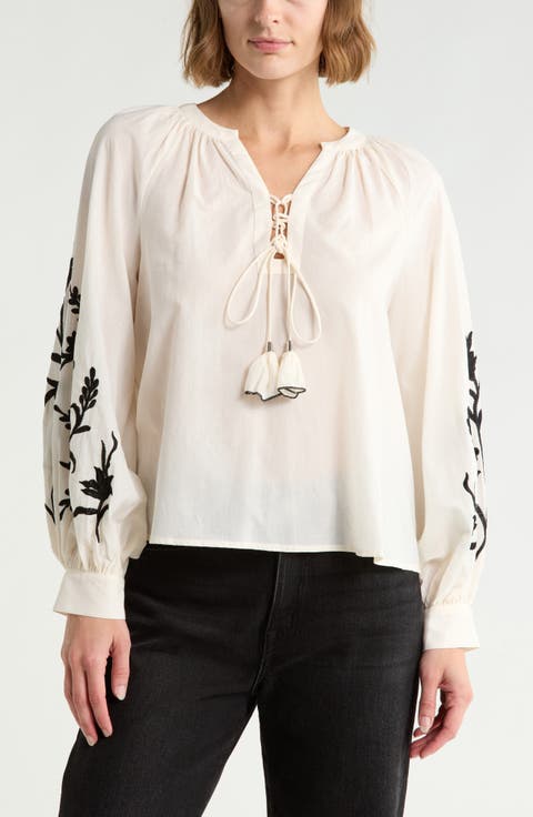 Embroidered Tie Neck Top