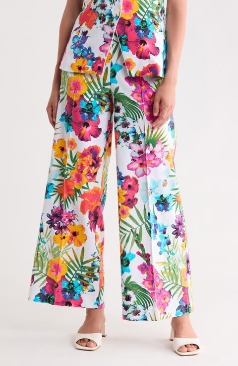 Tropical Floral Print Wide Leg Pants
