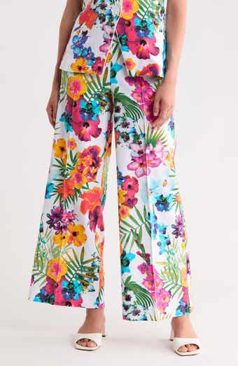 Tropical Floral Print Wide Leg Pants