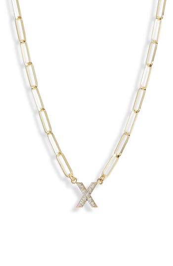 Meshmerise Diamond Initial Charm Paper Clip Chain Necklace In Gold