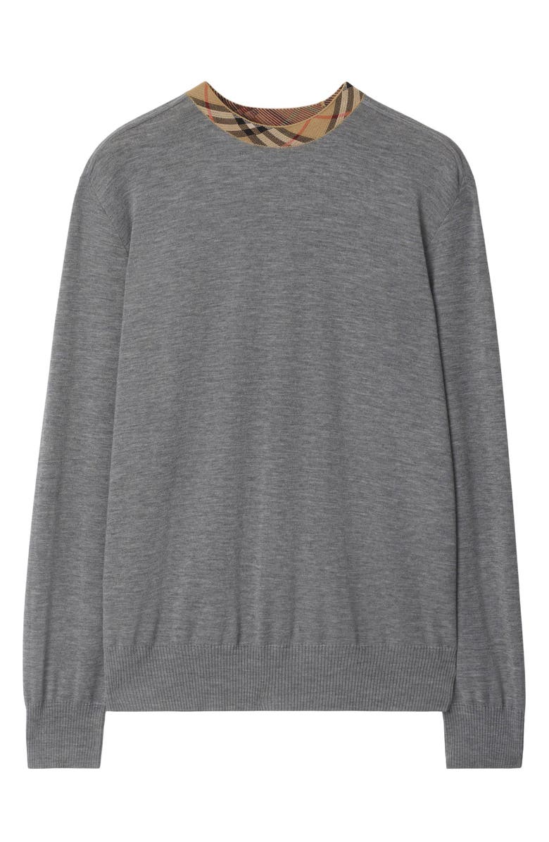 Burberry Check Trim Wool Sweater, Alternate, color, Grey