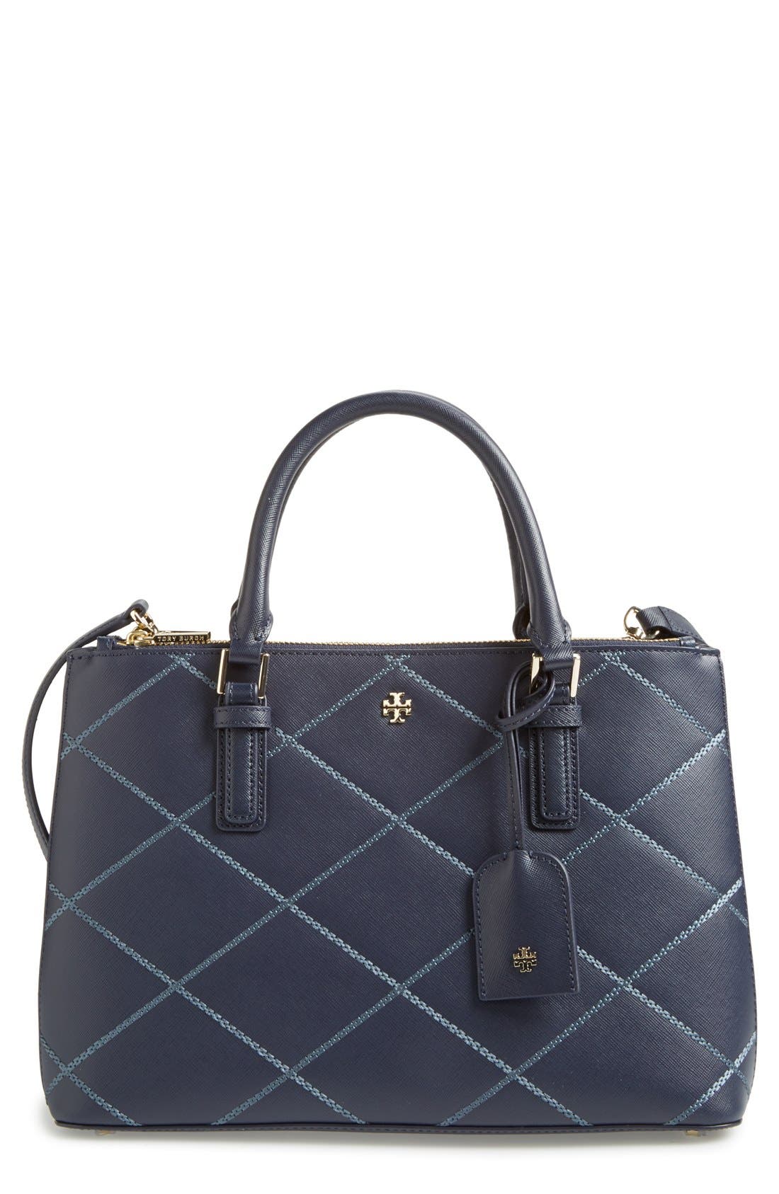 Tory Burch 'Mini Robinson' Double Zip Saffiano Leather Tote, Main, color, 
