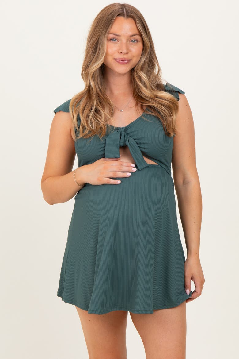 Tie Front Cutout Swim Dress, Main, color, Forest Green