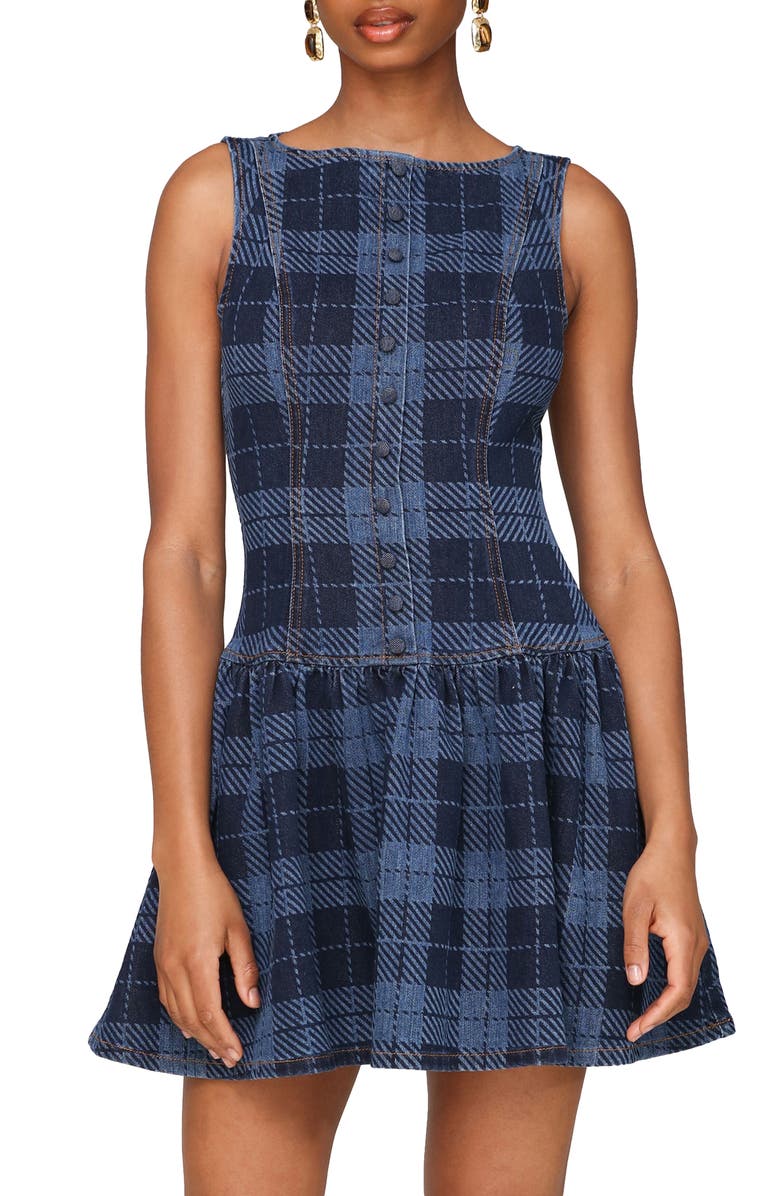 Avec Les Filles Plaid Drop Waist Cotton Blend Denim Dress, Alternate, color,
