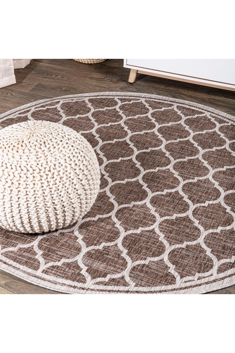 Trebol Moroccan Trellis Textured Weave Indoor/Outdoor Round Area Rug, Main, color, Espresso/Taupe