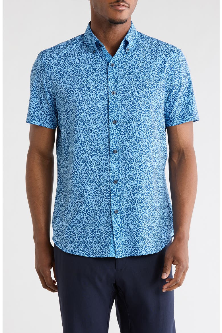 Floral Short Sleeve Woven Button-Down Shirt, Main, color, NAVY