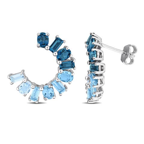 Blue Topaz Curved Earrings Sterling Silver