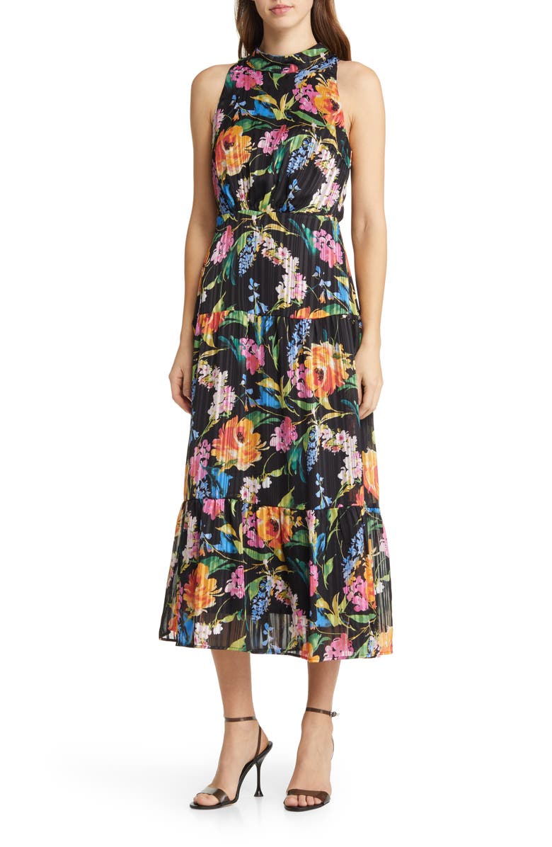 Sam Edelman Rainbow Floral High Neck Midi Dress, Main, color, 