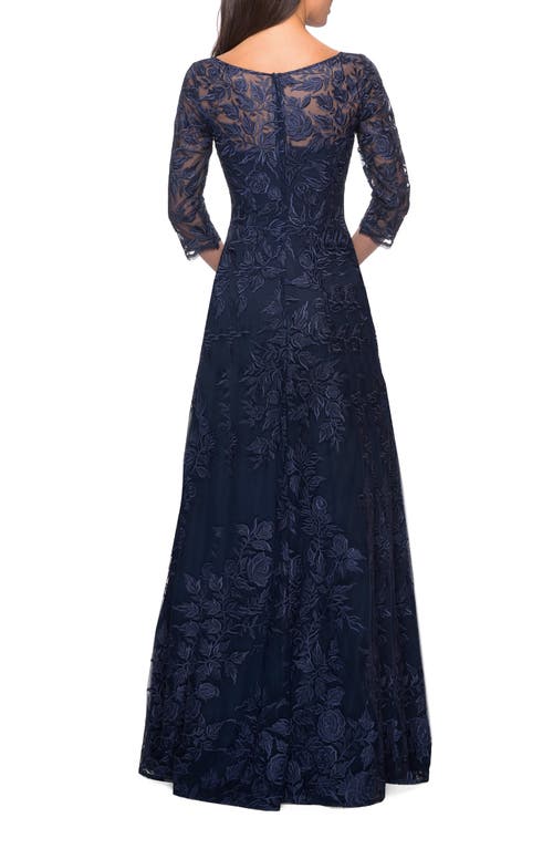 La Femme Long Lace A-line Three Quarter Sleeve Gown In Navy