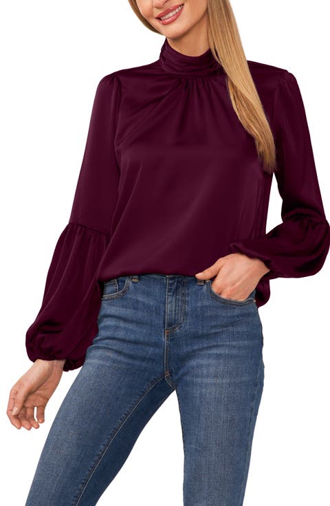 Mock Neck Blouson Sleeve Satin Top