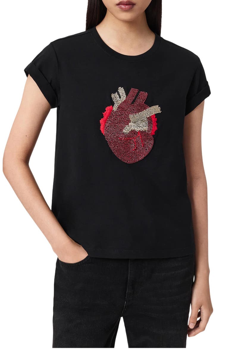 Andrea Anna Embellished Beaded Heart T-Shirt, Main, color, BLACK