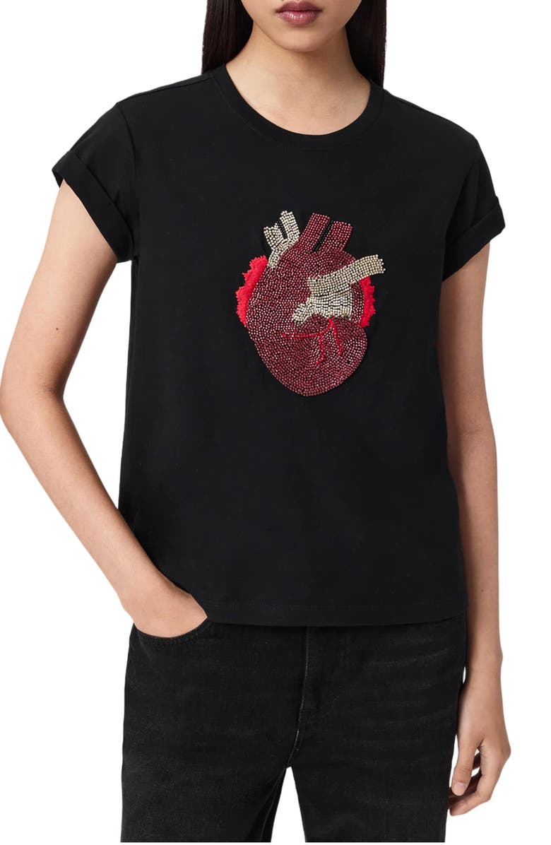 AllSaints Andrea Anna Embellished Beaded Heart T-Shirt, Main, color, Black