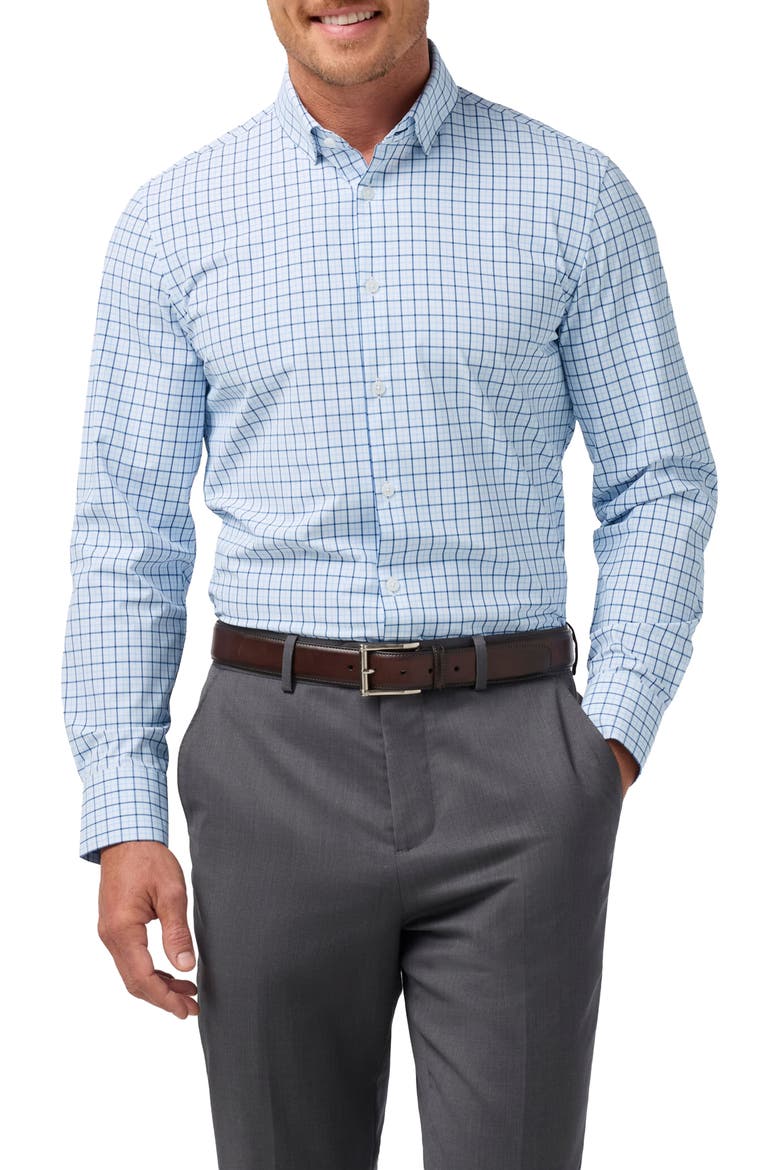 Leeward Trim Fit Check Performance Button-Up Shirt, Main, color, CLOUD BLUE WYATT PLAID