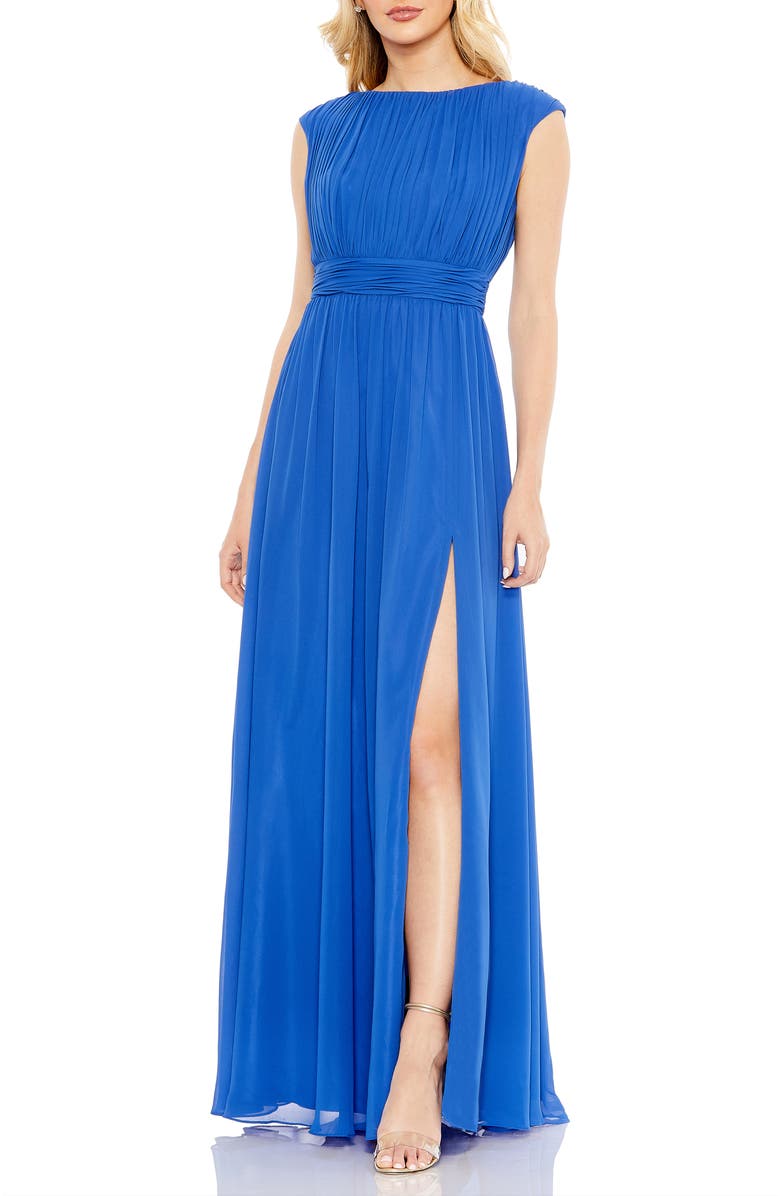 Mac Duggal Pleated Bateau Cap Sleeve A Line Gown, Main, color, 