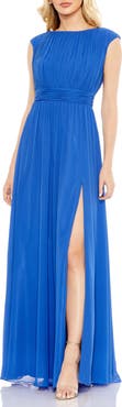 Mac Duggal Pleated Bateau Cap Sleeve A Line Gown