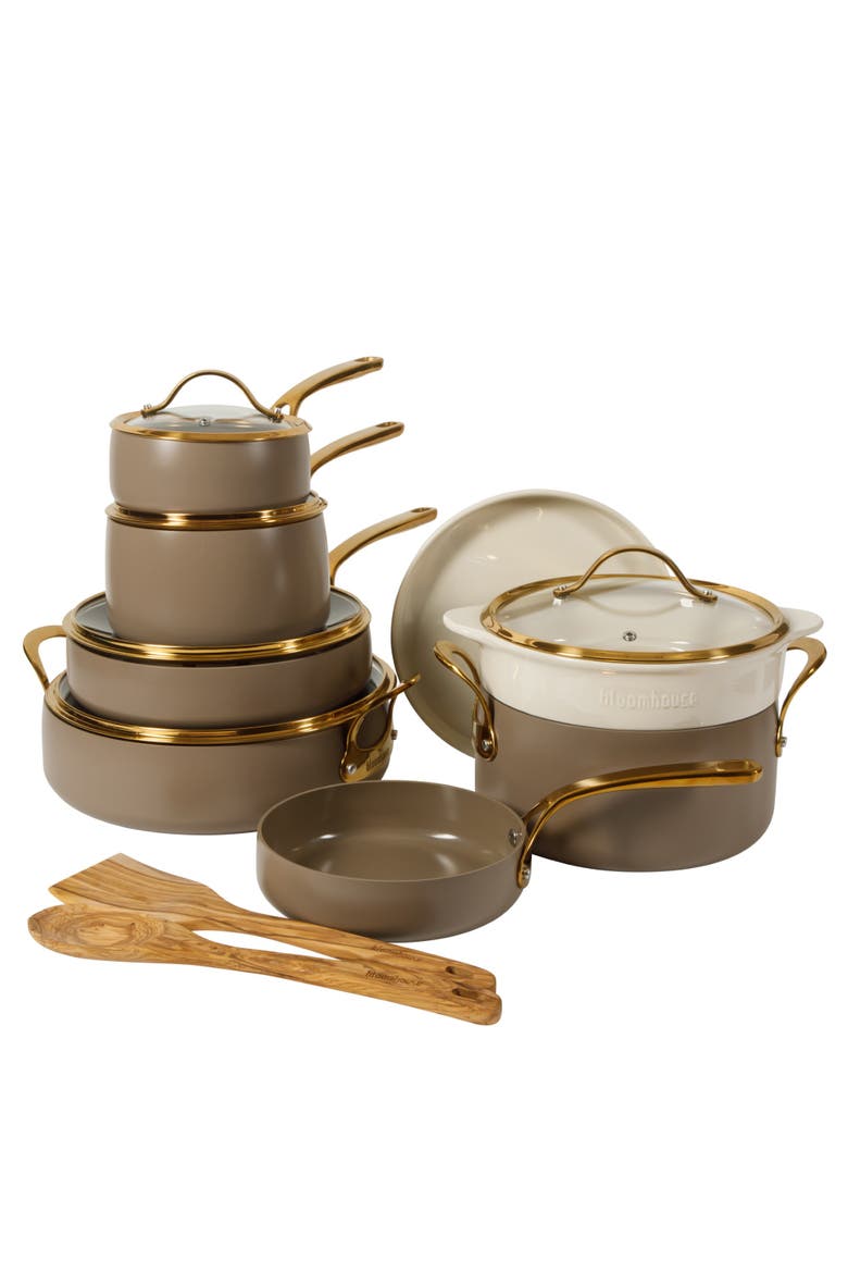 15 Piece Ceramic Nonstick Aluminum Cookware Set with Dutch Oven, Main, color, Cappuccino with Gold Handle