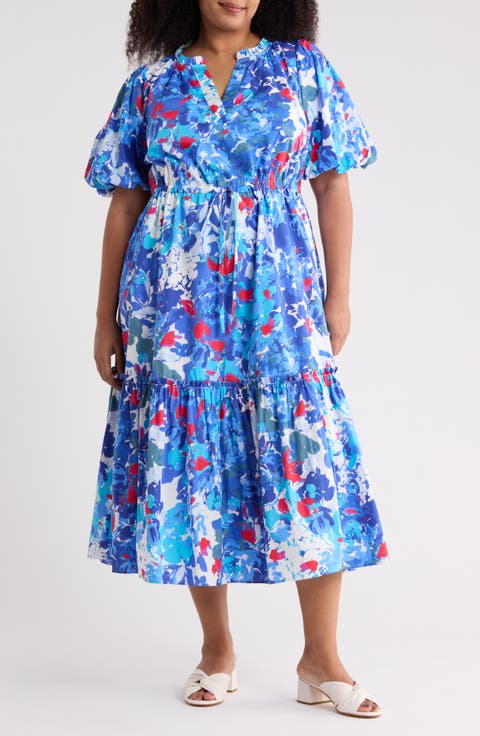 Floral Ginny Puff Sleeve Tiered Cotton Midi Dress (Plus)
