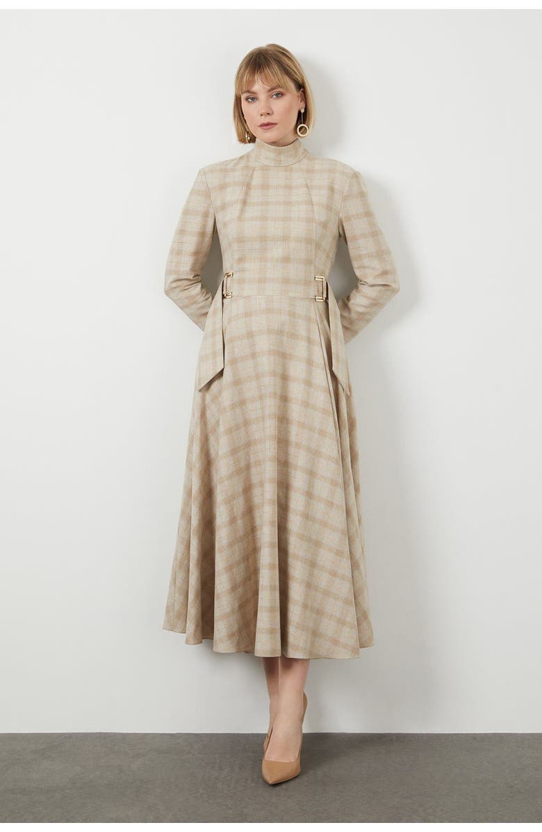 Gizia High Collar Buckle Belt Detail Midi Lined Beige Dress, Main, color, Beige