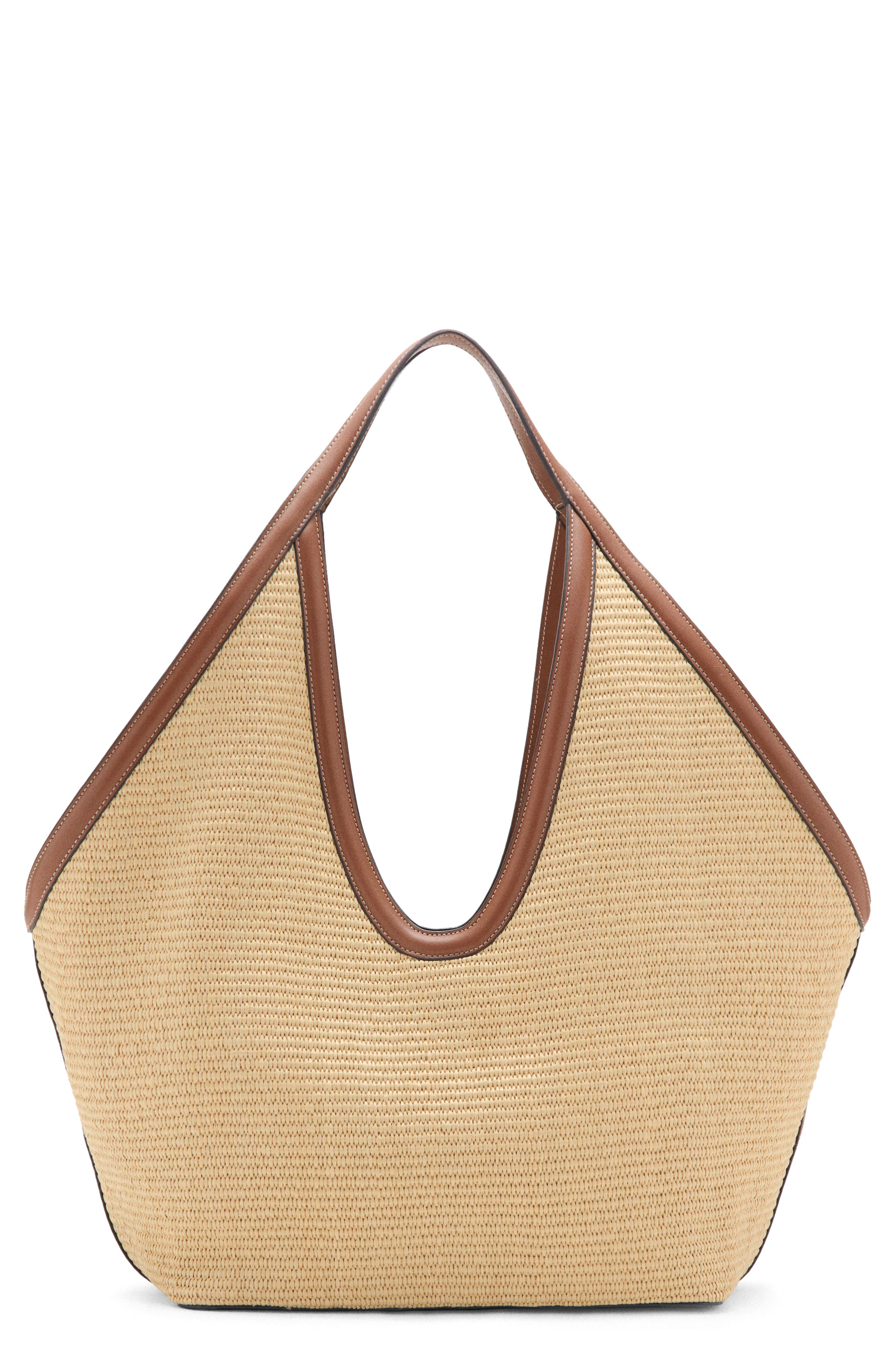Faux Leather Trim Woven Shopper Bag, Main, color, LEATHER
